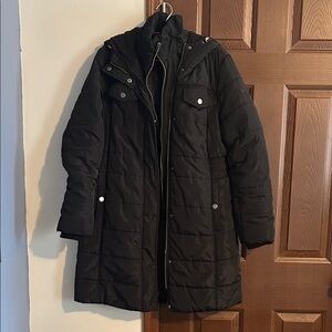 Lucky Brand size Medium Black Quilted Long Puffer Coat with Hood